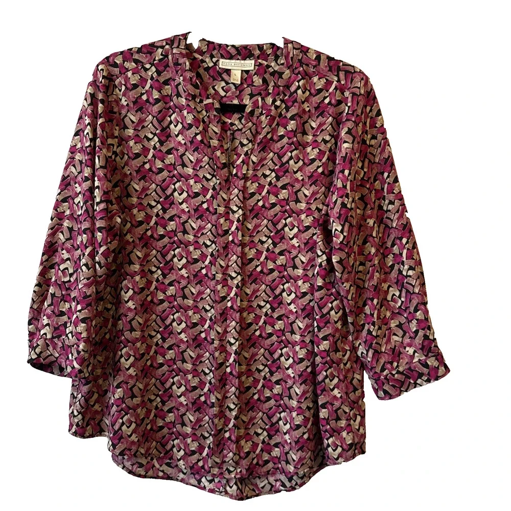 Dana Buchman Women’s L Pink Geometric V Neck 3/4 Sleeve Blouse Business Office